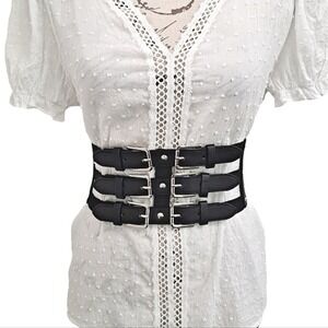 Faux leather Wide corset waist Black Belt studded Goth punk Triple buckle